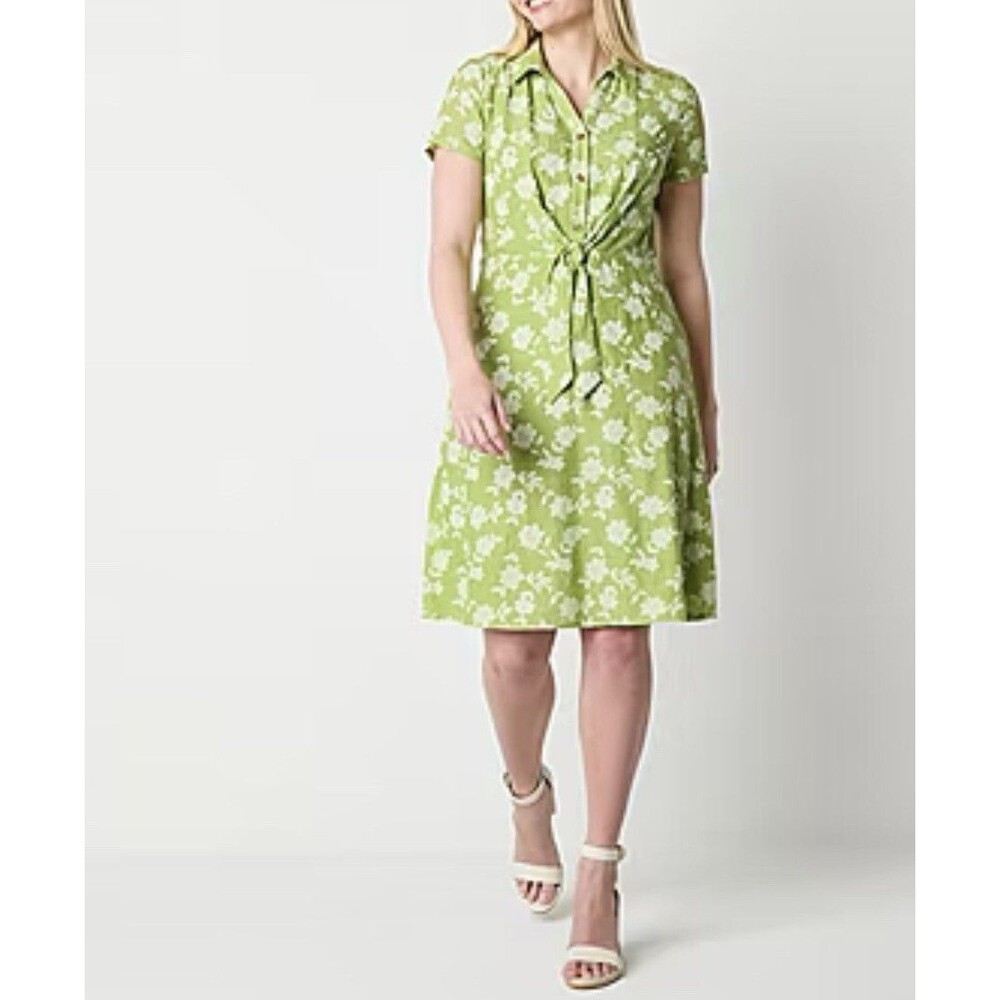 Perceptions Green Kiwi Floral A-Line Shirt Dress Short Sleeve Tie Waist size M
